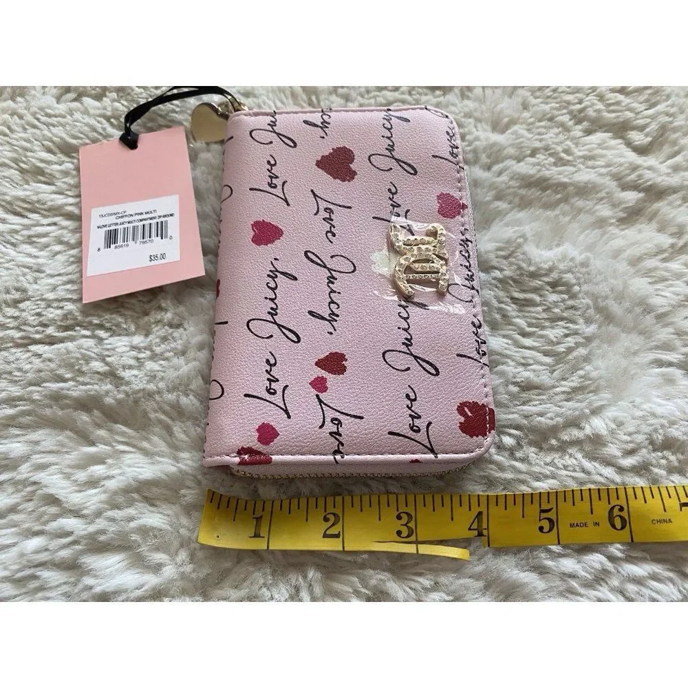 Juicy Couture V-Love Letter Multi Compartment Zip Around Wallet Chiffon Pink NEW